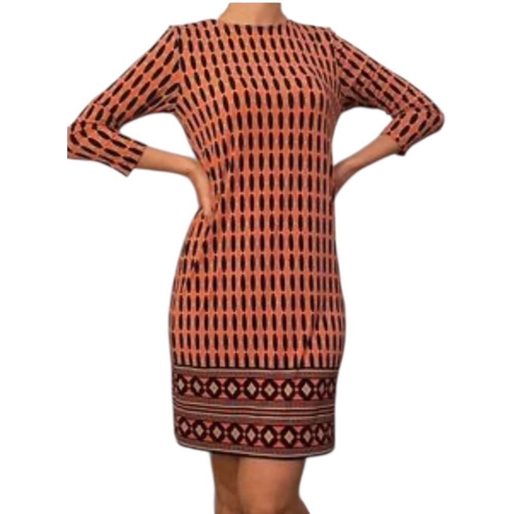 Vintage Michael Kors Coral Black‎ geo Shift dress Size M 3/4 sleeve